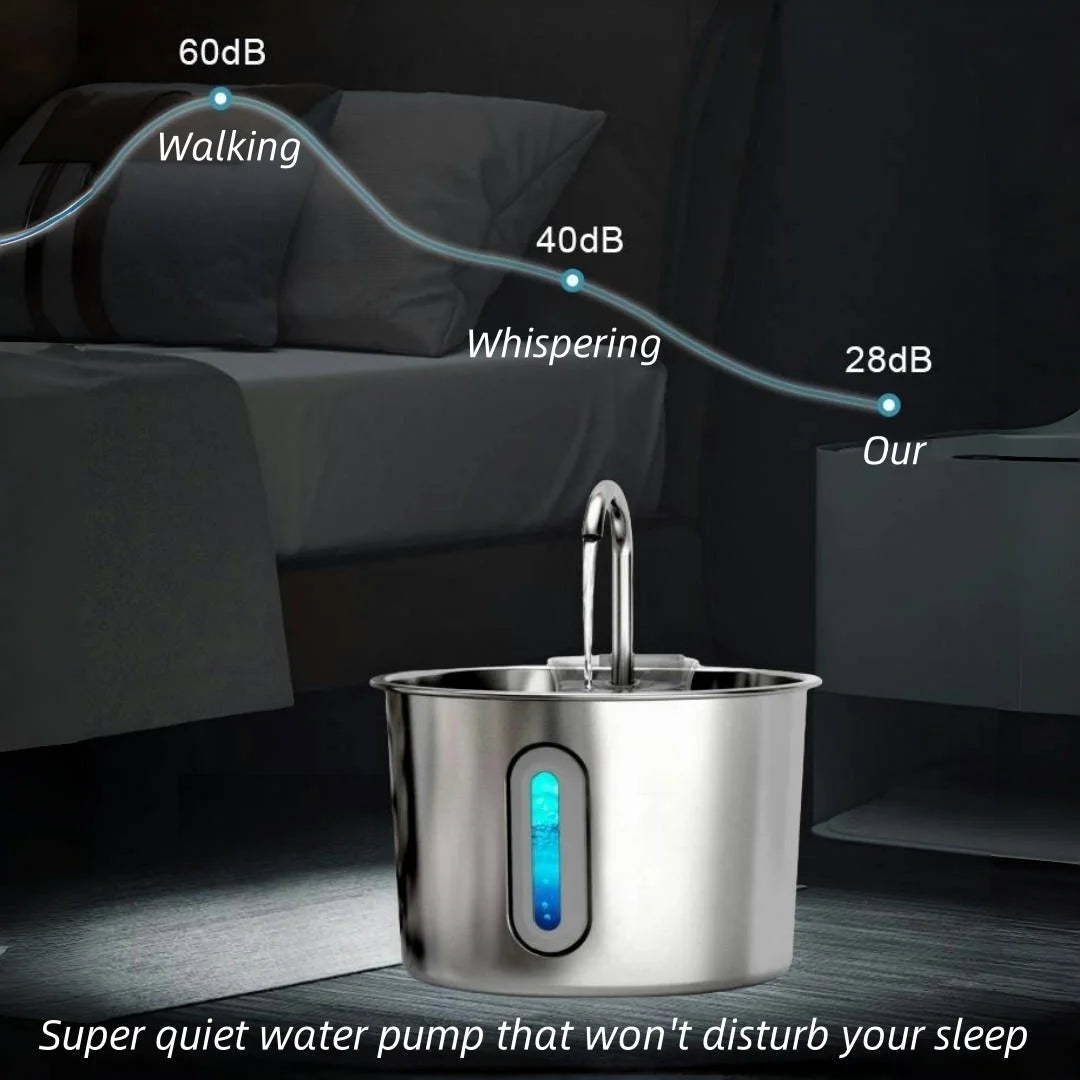 Stainless Steel Pet Water Fountain 2.2L USB Powered Ultra Quiet, Water Fountain or 4 Filters