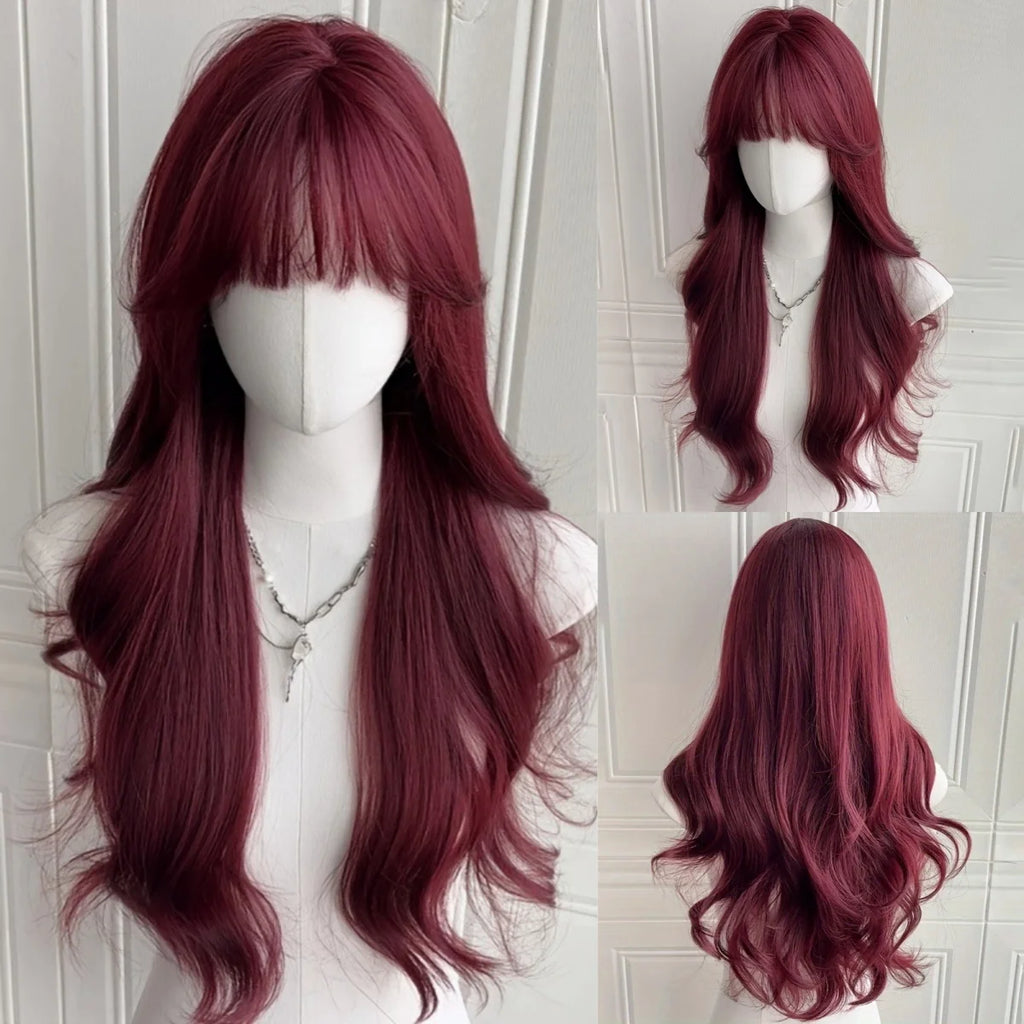 Long wavy synthetic wig 26 inch heat resistant, black or wine red or orange