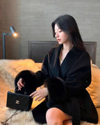 Elegant Lace Up Woolen Coat Women Furry Lapel Fur Patchwork Belt Loose Short Jacket Female Lady 2025 Autumn Winter New Cardigans