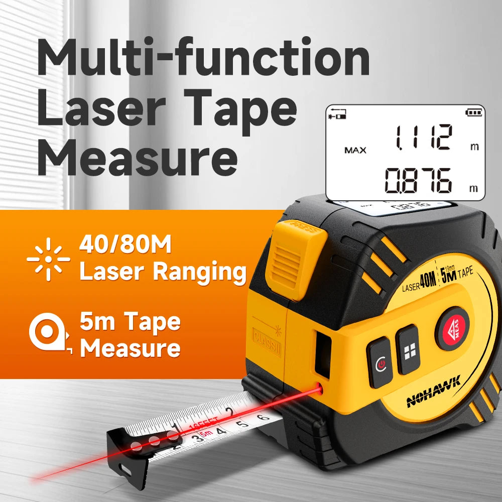 Nohawk 40m/80m Laser Tape Measure Tape Measure Measuring Tool Laser Distance Meter Steel Tape Measure USB Rechargeable