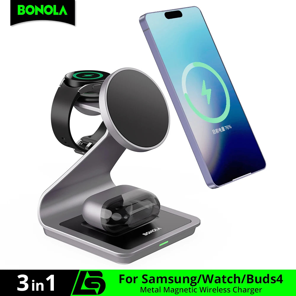 Bonola 3-in-1 Magnetic Wireless Charger Stand, Black, for Samsung Galaxy S24 Ultra + Watch + Earbuds