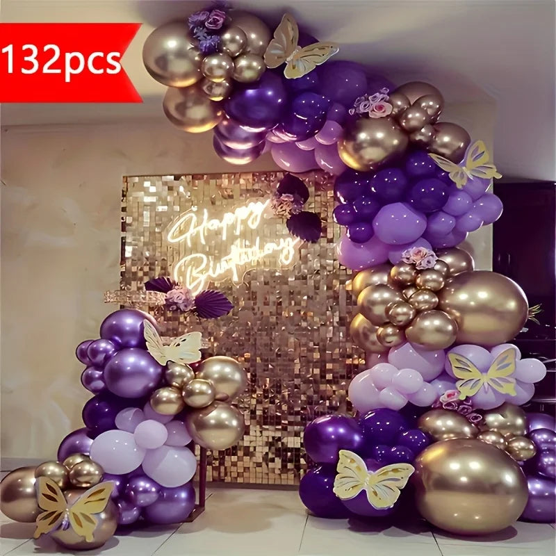 132pcs Purple Balloon Set Lavender Deep Purple and Gold Balloon Arches Princess Birthday Parties Wedding Girls' Party Decoration