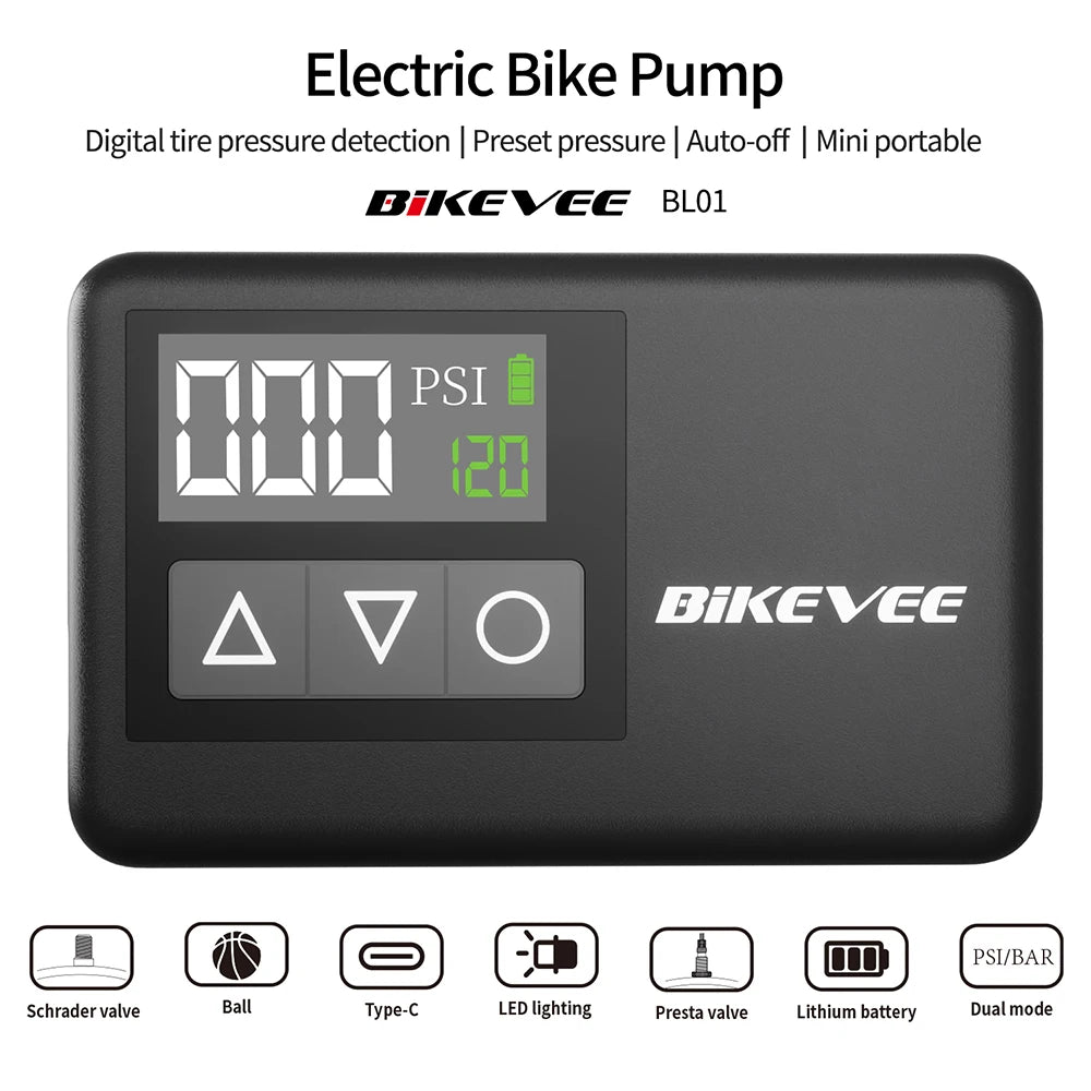 Mini Bike Pump Electric 120 PSI Portable Bicycle Tire Inflator Adaptive Presta & Schrader Valve for Road Bike MTB E-Bike Cycling