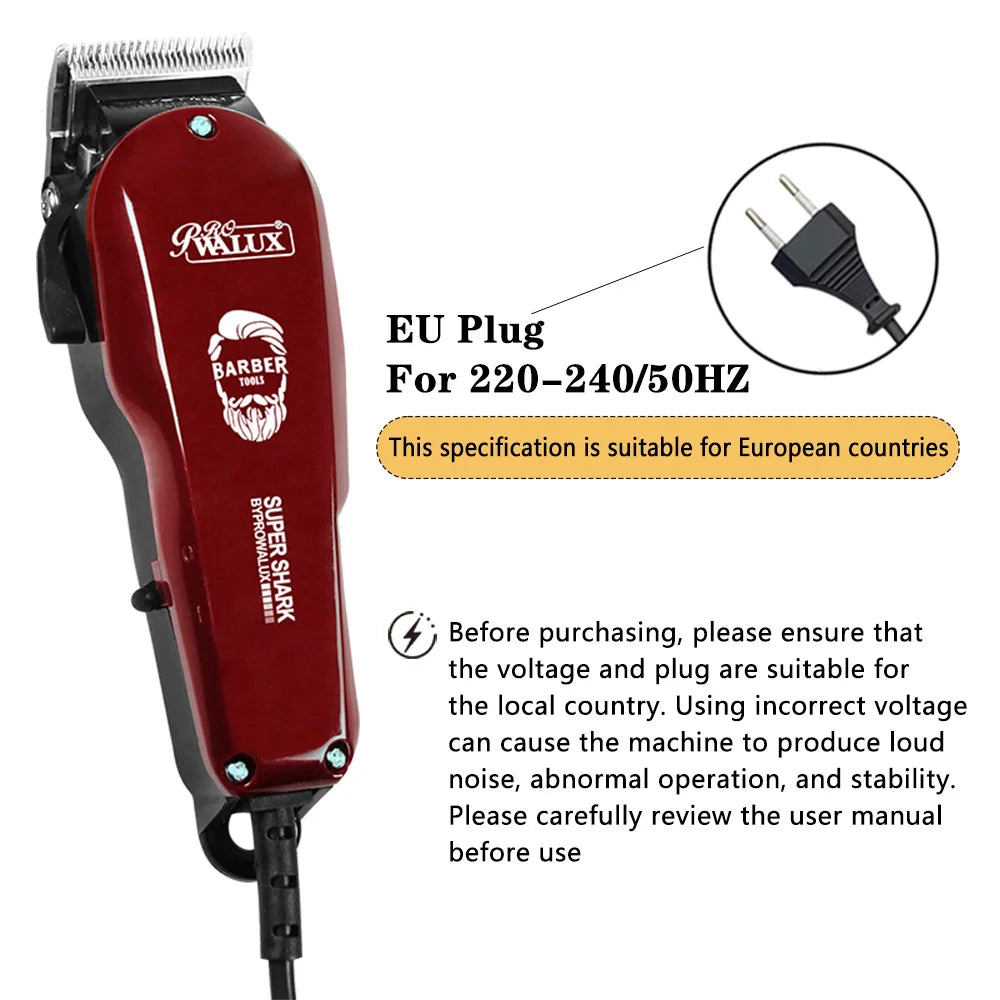WALUX 10W Professional AC Powerful Hair Clipper EU Plug Or US Plug Hair Trimmer with 8 Guide Combs 2M Cord Home Barber Shaver