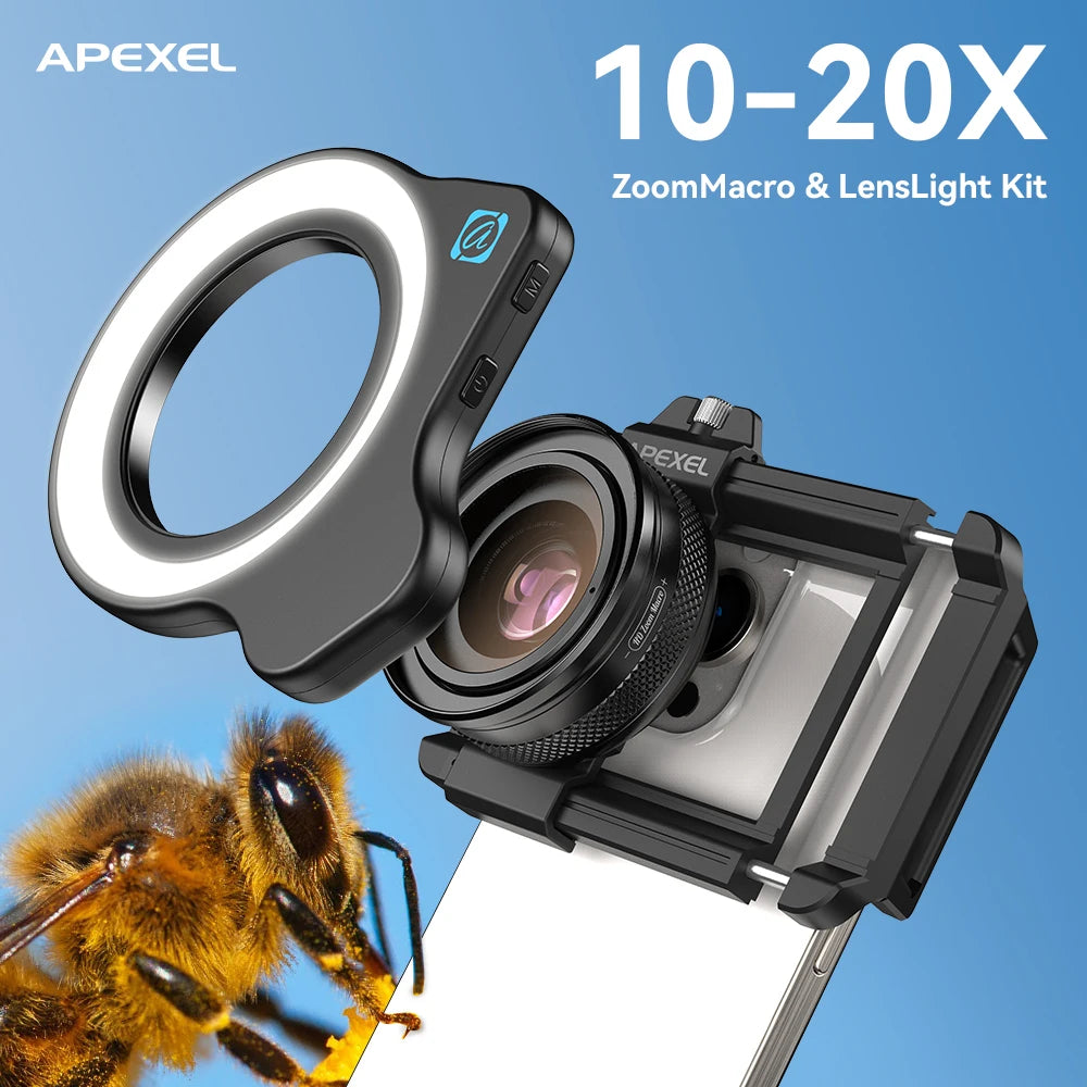 APEXEL 10-20X Zoom Macro Lens HD Micro Phone Camera Lenses with LED Fill Light for iPhone Samsung all Smartphones Eyelash Macro