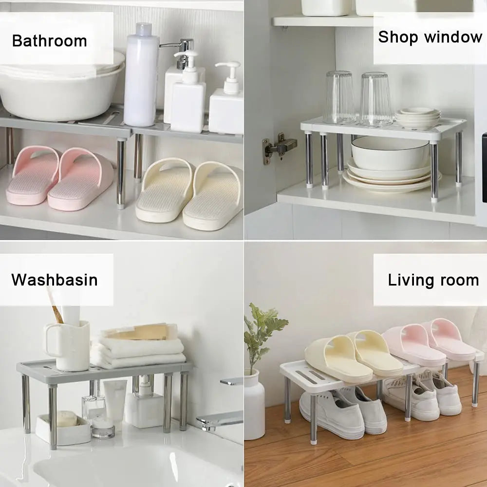 Retractable kitchen cabinet shelf organizer rack for dishes & seasoning bottles, grey/white