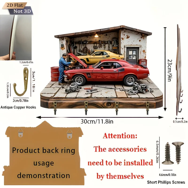 Automobile Repair Theme 2D Wooden Key Rack Multi-functional Metal Hook Wall Decora Organizer for Home Room Moving Creative Gift
