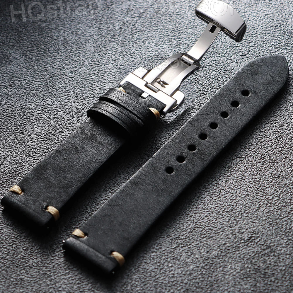 Stitching Leather Butterfly Buckle Watch Band 20mm 22mm Cowhide Strap for Rolex Bracelet for Seiko Women Men Vintage Wristband