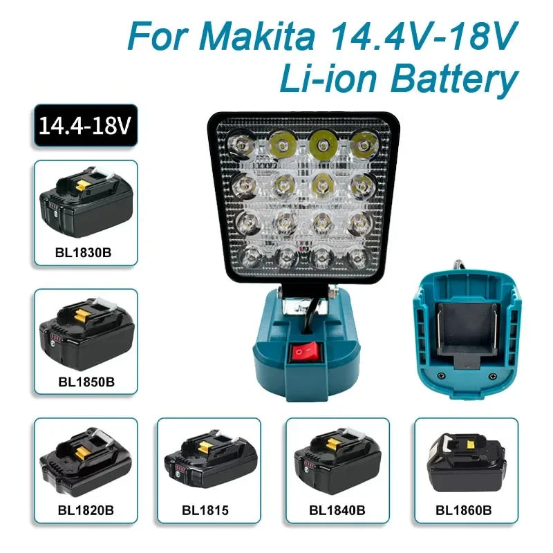 LED work light for Makita 14.4V/18V Li-ion battery, 3in/4in, USB option, black/blue