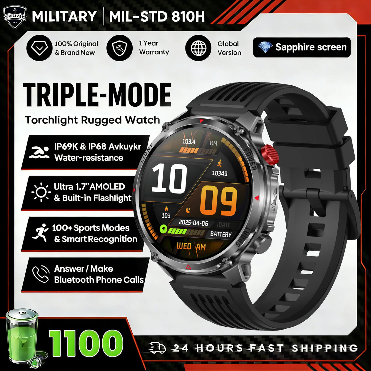 2026 New Fashion Luxury 1100mAh Battery 1.7-inch HD Screen Compass Wireless Call Flashlight 100+Sports Outdoor Sports smart