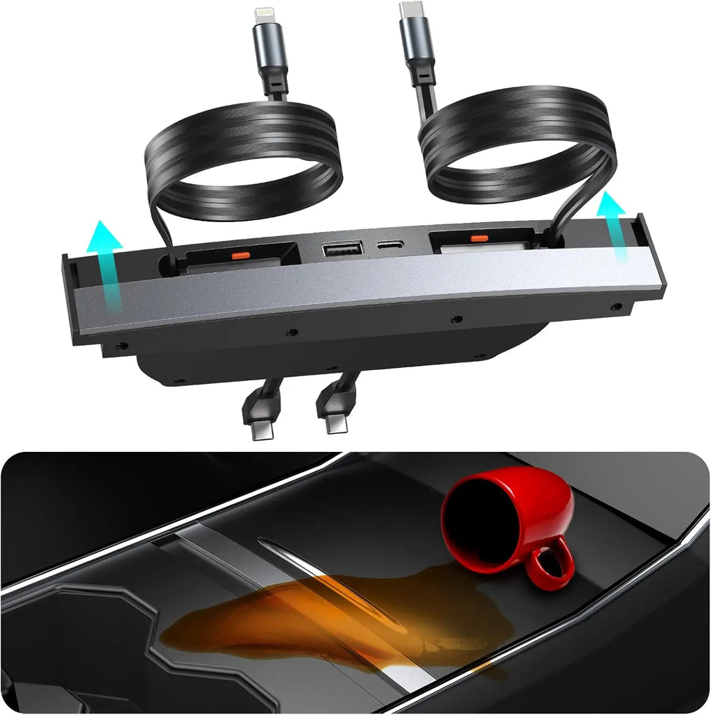 USB Charger Hub for Tesla Model Y Model 3 Center Console Retractable Phone Charger Model Y/3 Accessories 2024 2023 2022 2021