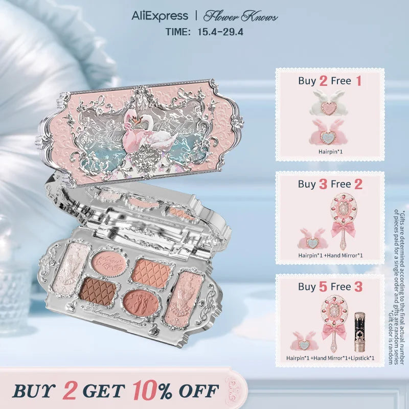 Flower Knows Swan Ballet Series Six-Color Makeup Palette Delicate Matte Glow Shimmer