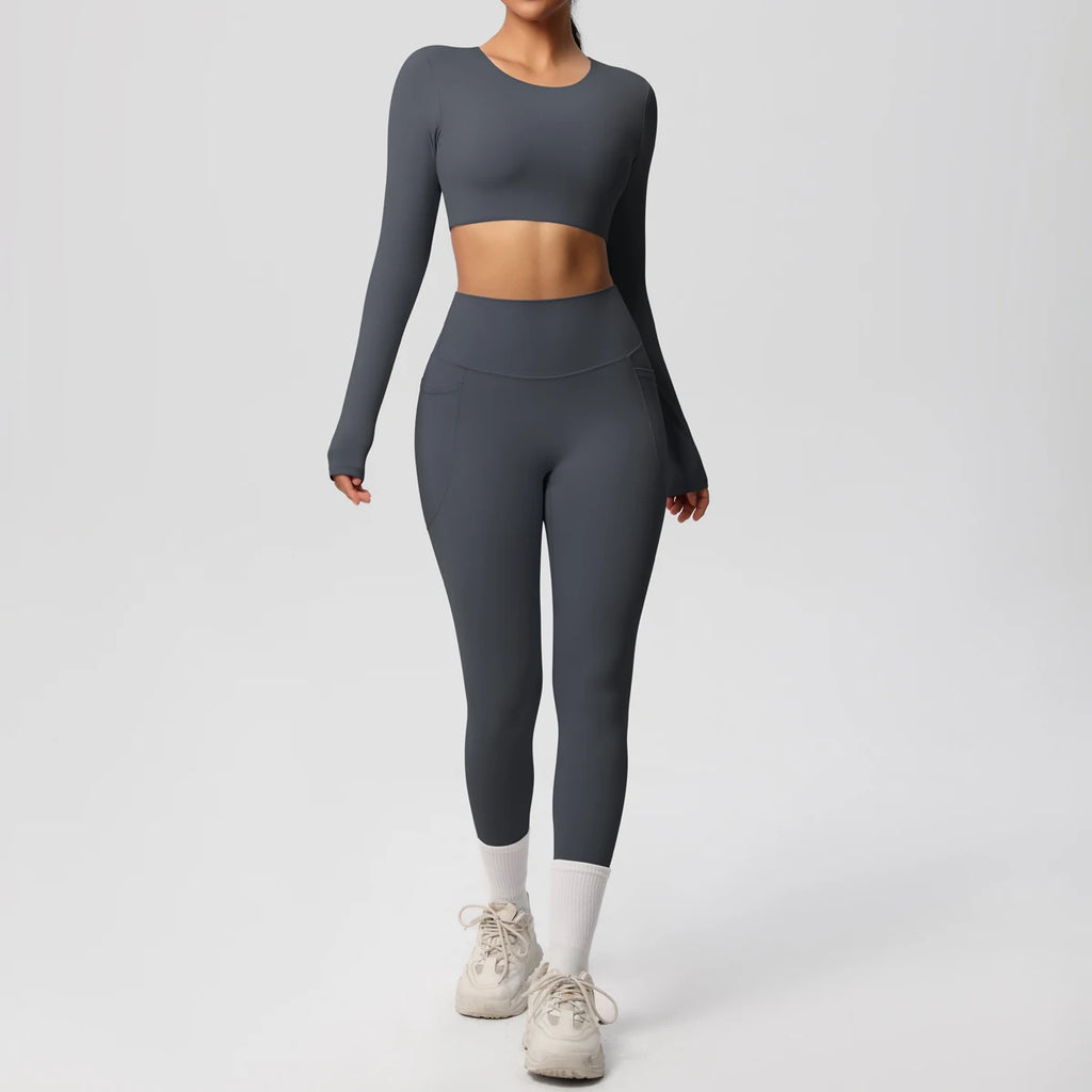 Hamidou Women's 2pc Yoga Set with Built-In Bra Top & Pocket Leggings, S-XL