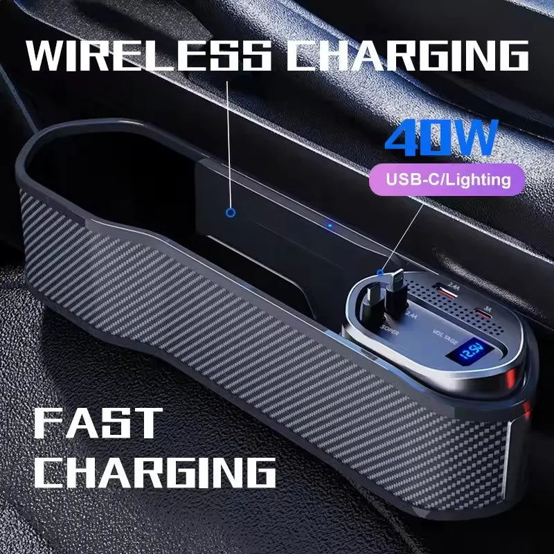Car Supplies Wireless Charging Car Seat Gap Organizer With 40W USB-C/ Lightning Fast Charge Cable Center Console Storage Box