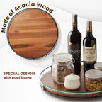 LMETJMA Acacia Wood Lazy Susan Turntable with Metal Frame Kitchen Susans Organizer Countertop Storage Wooden Serving Tray Rack