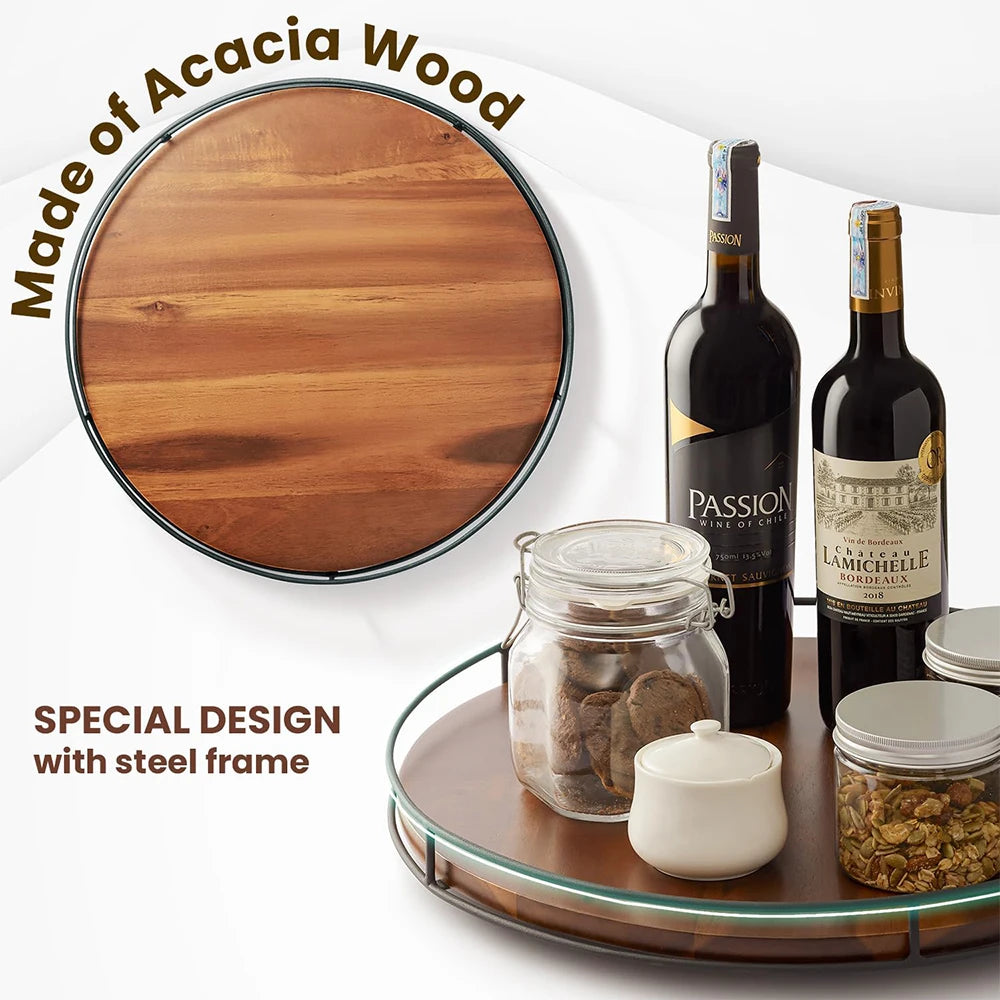 LMETJMA Acacia Wood Lazy Susan Turntable with Metal Frame Kitchen Susans Organizer Countertop Storage Wooden Serving Tray Rack