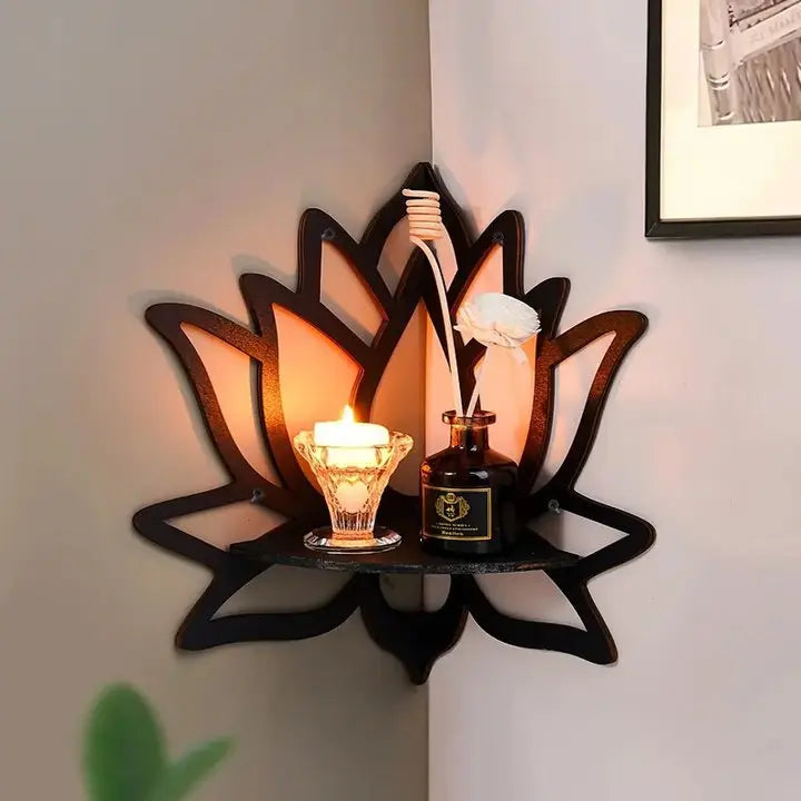 Wooden Lotus Wall Mounted Corner Shelf Rack, Black - Essential Oil Candle Holder