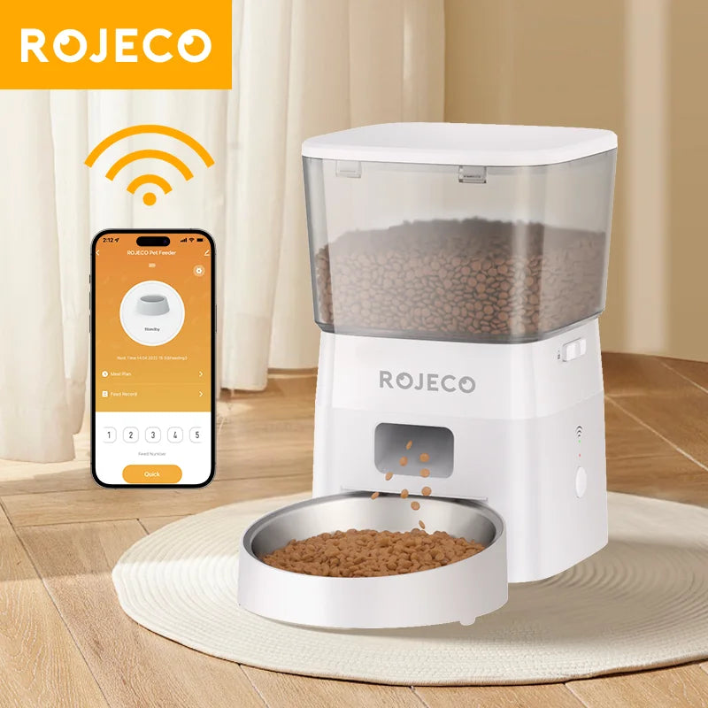 ROJECO 2L WiFi Automatic Cat Feeder Dry Food Dispenser, Black/White, EU/US/KR Plug