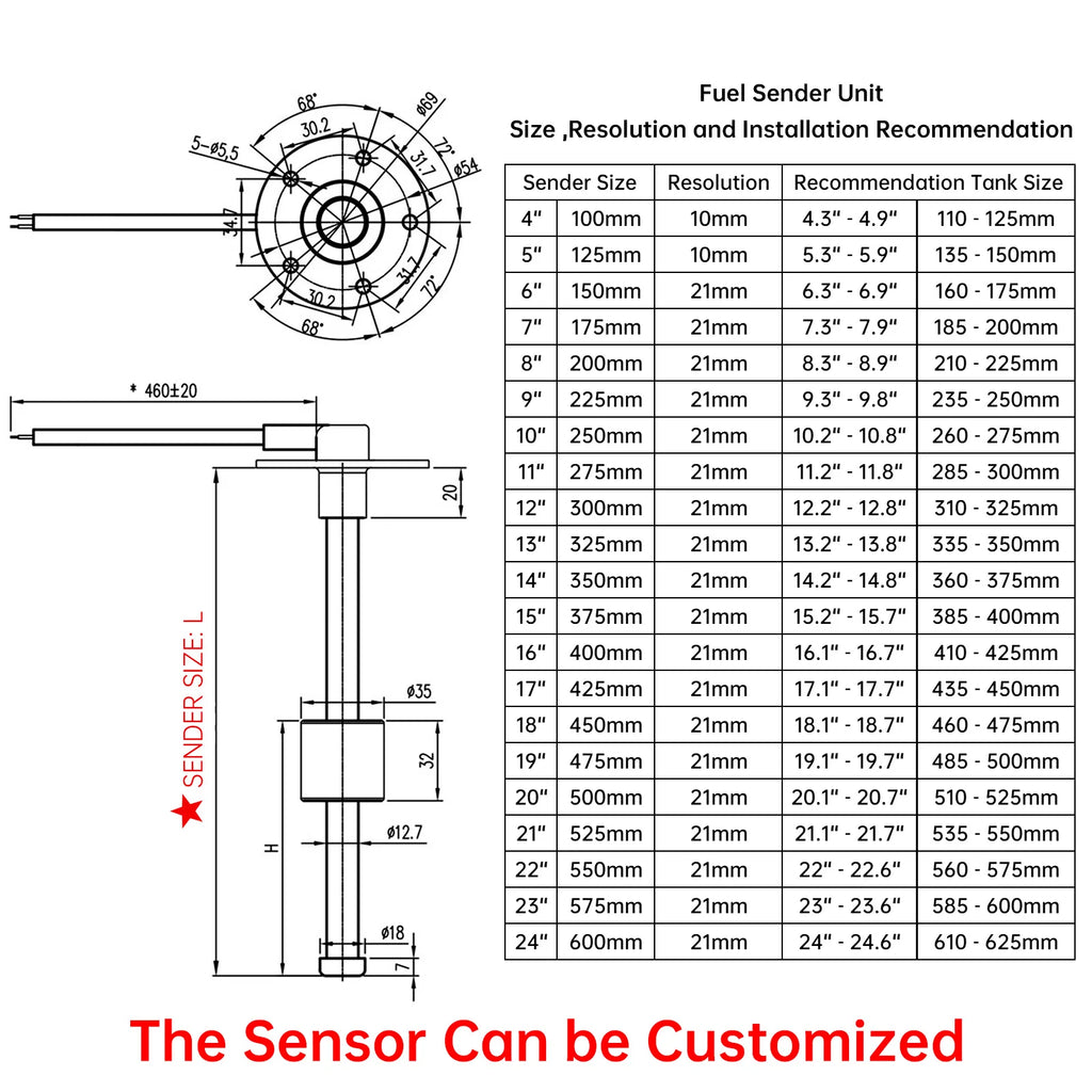 Custom 125/175/225/275/325/375/425mm Fuel Level Gauge Sensor Fuel Sender Unit Fit fuel gauges water level meter 0-190/240-33ohm