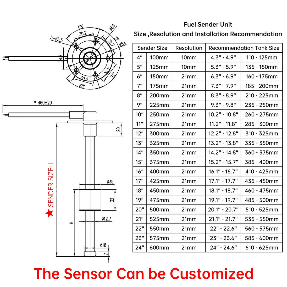 Custom 125/175/225/275/325/375/425mm Fuel Level Gauge Sensor Fuel Sender Unit Fit fuel gauges water level meter 0-190/240-33ohm