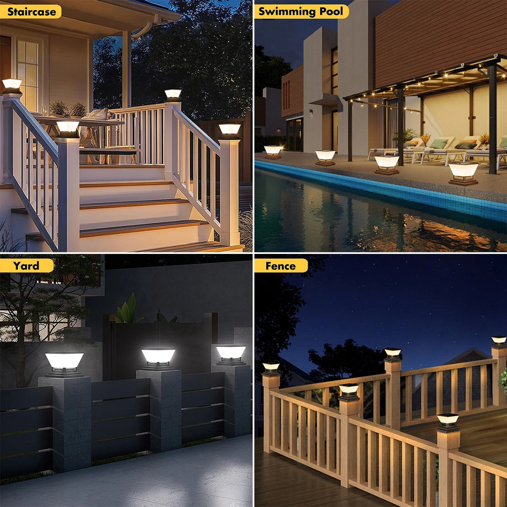 Solar Post Light Auto Dusk to Dawn IP65 Waterproof 3 Color Temps Short Press Change Long Press Off for Garden Pool Step Pillar