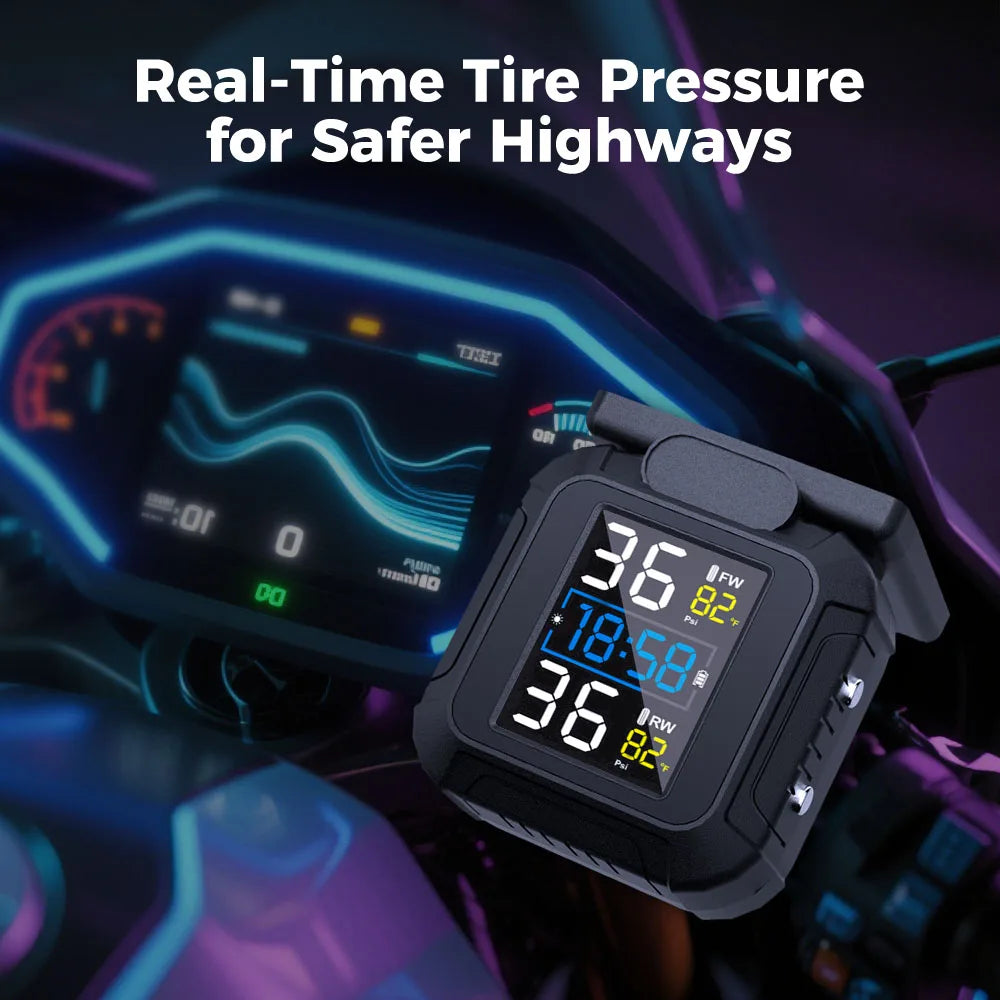 Solar TPMS Tire Pressure Monitoring System w/ Temperature Alarm, 2 External Sensors, Motorcycle