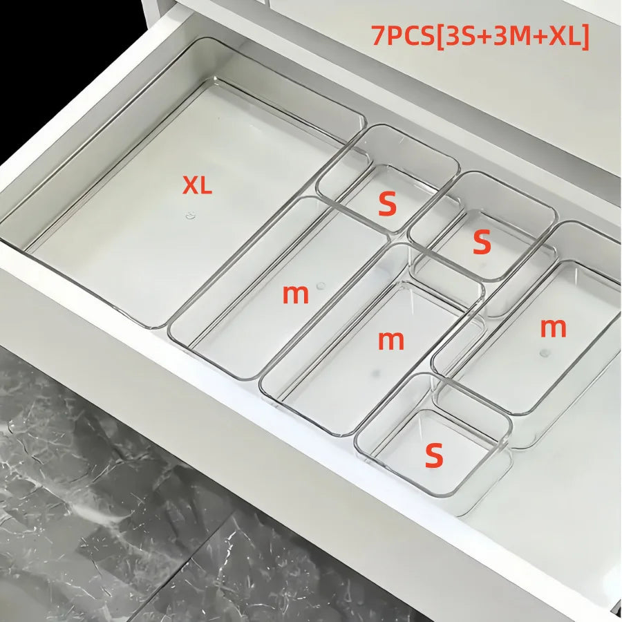 Transparent Drawer Organizer Storage Boxes Set, Desktop Office Stationery Divider, 4/7/8pcs