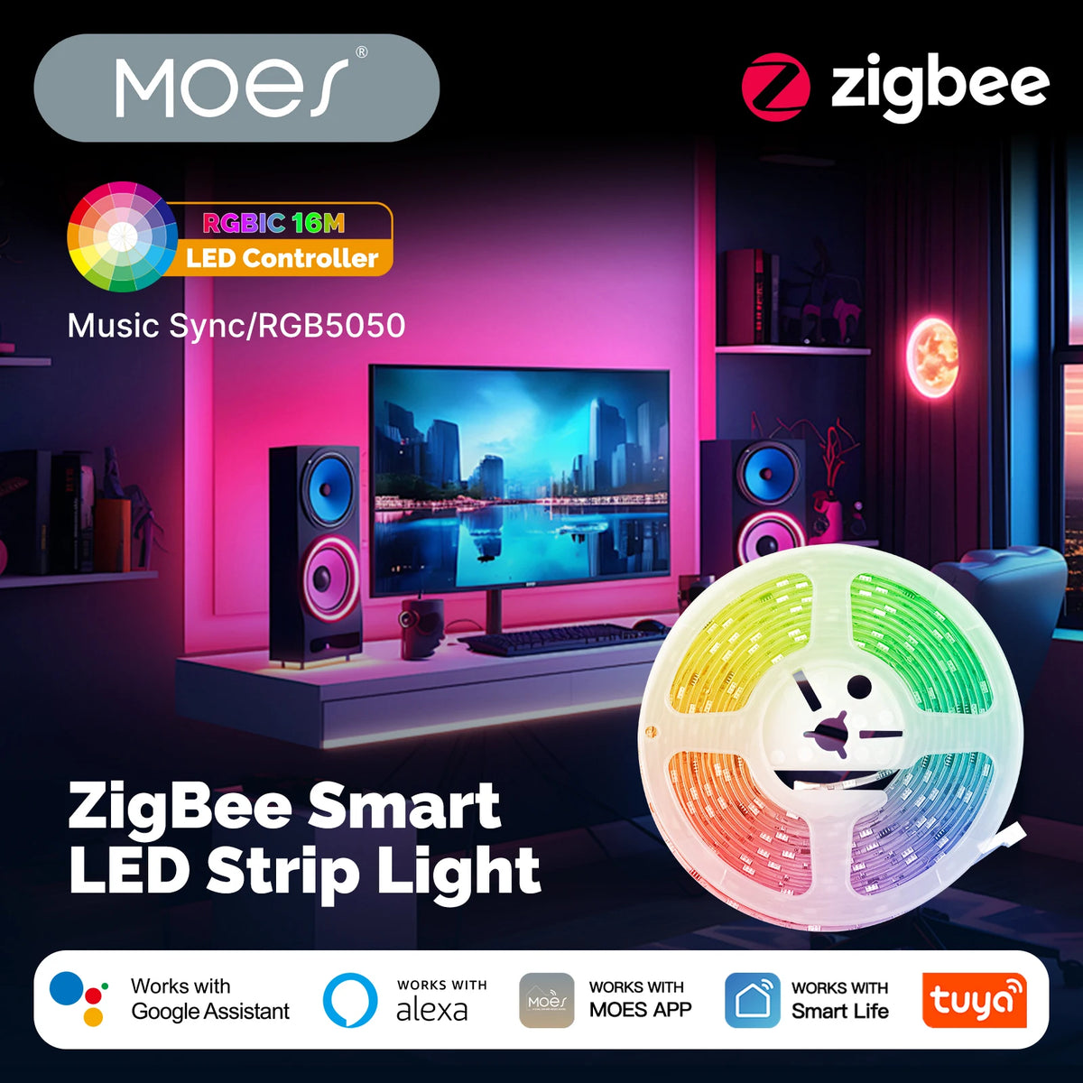 MOES Tuya ZigBee Smart LED Light Strip RGB5050 Controller Party Music Sync 16 Million Colors Changing Work With Alexa GoogleHome