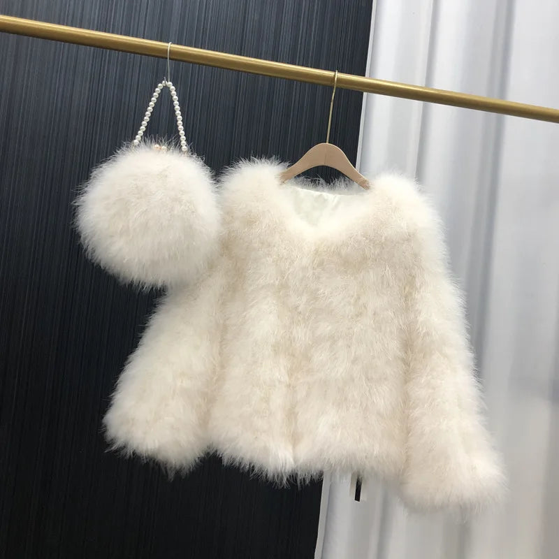 Ostrich Feather Coat for Women 100% Natural Fur Coats O Neck Long Sleeve Ladies Nightclub Turkey Jackets Winter Fashion