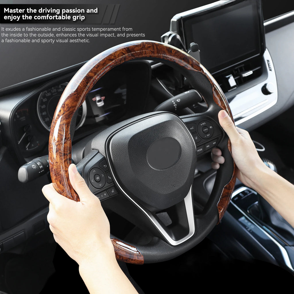 Car Steering Wheel Cover 38cm (15in) Mahogany Wood Grain, Anti-Slip, for BMW 1/3/5 Series X1 X3 X5