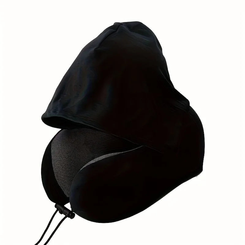 Hooded U-Shaped Travel Neck Pillow, Memory Foam, Removable Washable Cover, 27x27x14cm