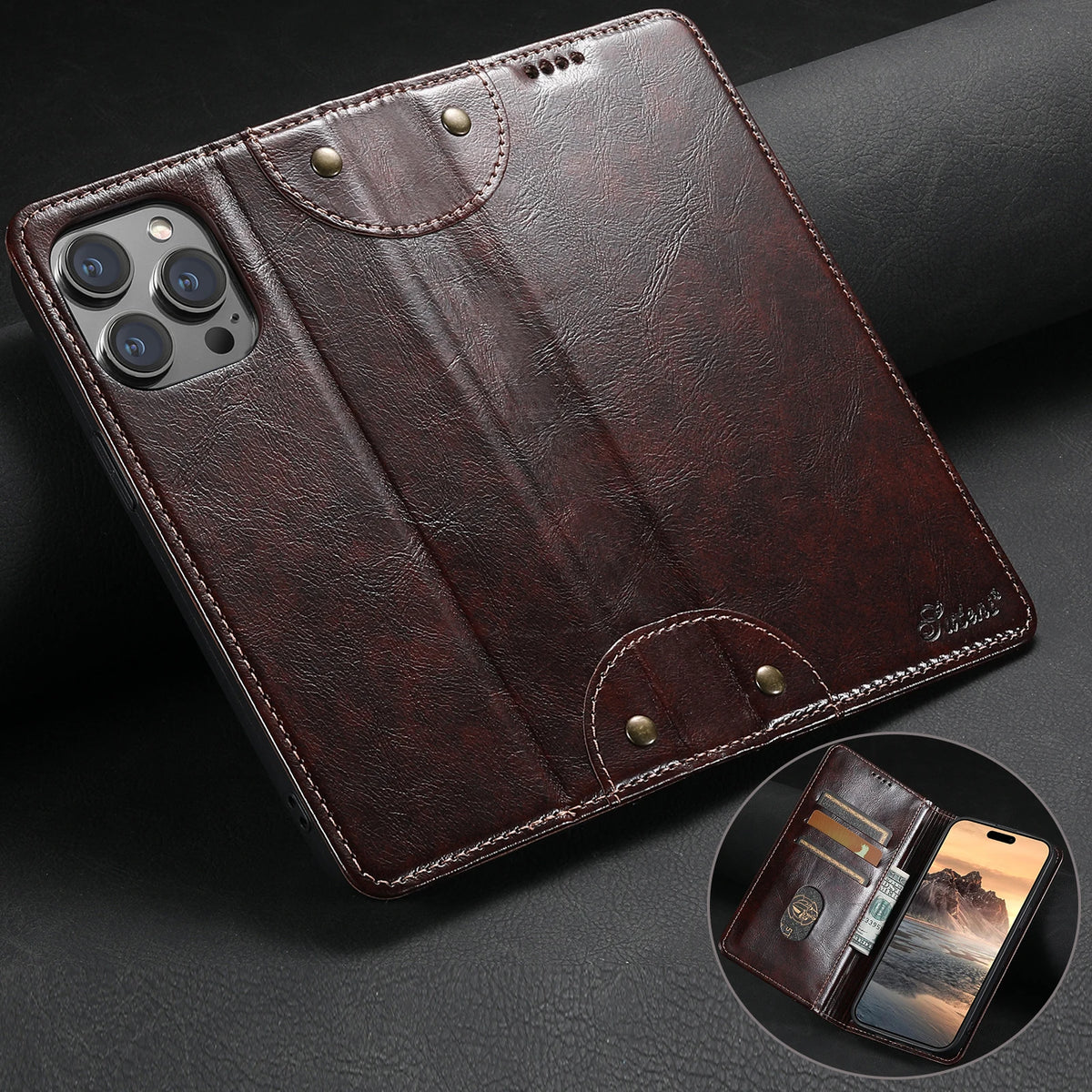 SUTENI Leather Wallet Magnetic Card Holder Flip Cover Phone Case For iPhone 16 Pro Max 15 Plus 14 13 12 11 XS XR X  8 7 Plus