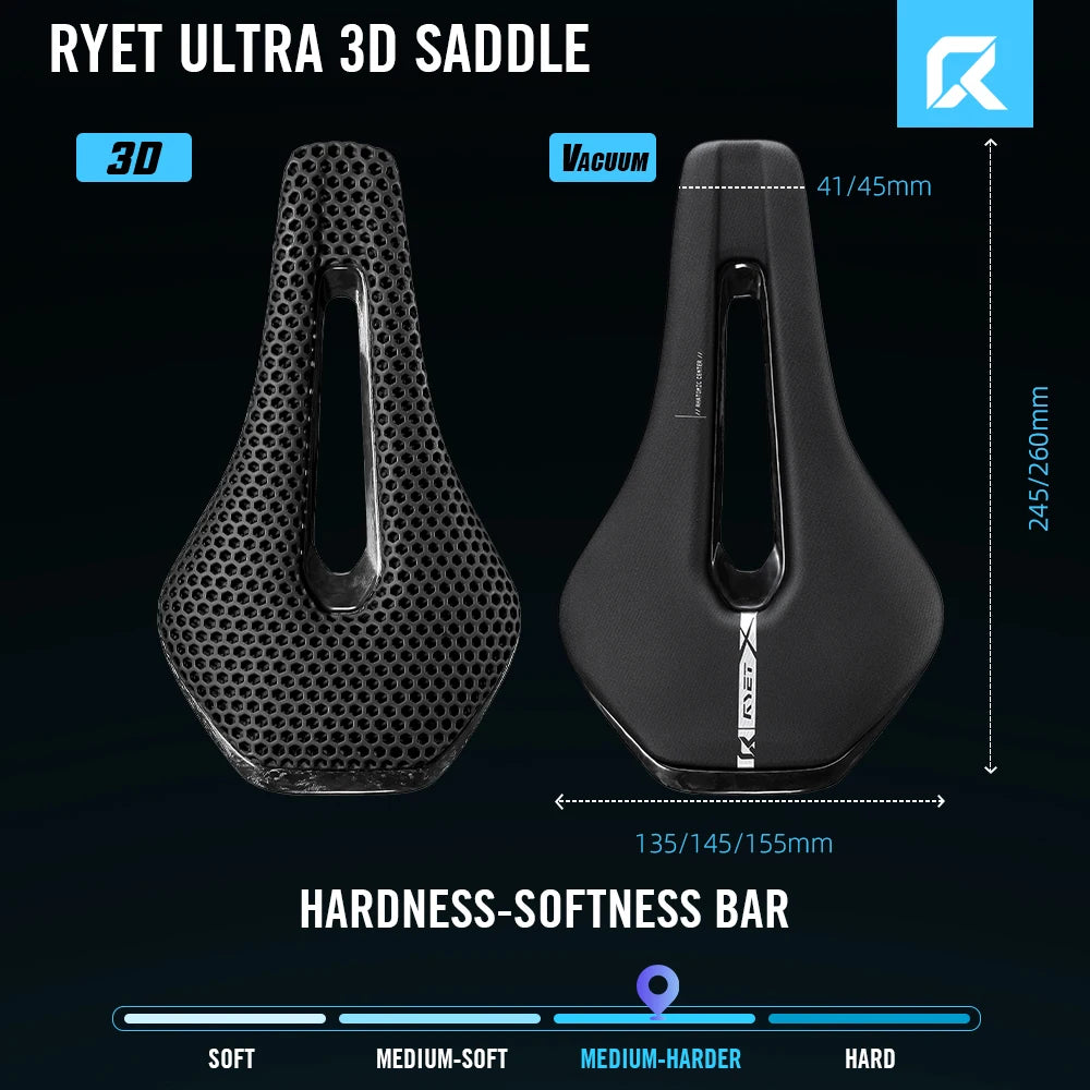 RYET 3D Printed Full Carbon Bike Saddle, 135/145/155mm MTB Gravel Road Seat