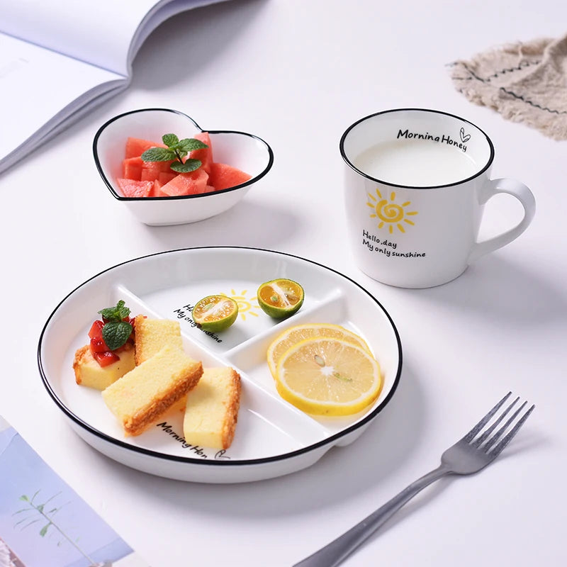 One Person Vegetable Plate Home Ceramic Cartoon Children's Divided Plate Three Panel Breakfast Plate with Separate Dishes