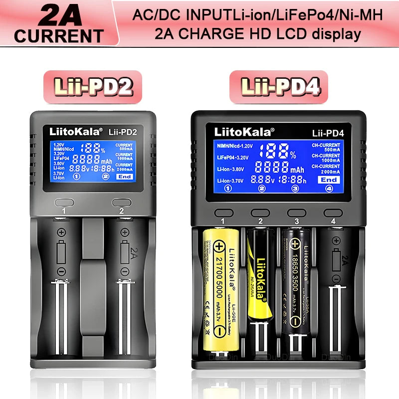 Liitokala Lii-PD2/Lii-PD4 Li-ion & NiMH Battery Charger for 18650 21700 26650 AA AAA