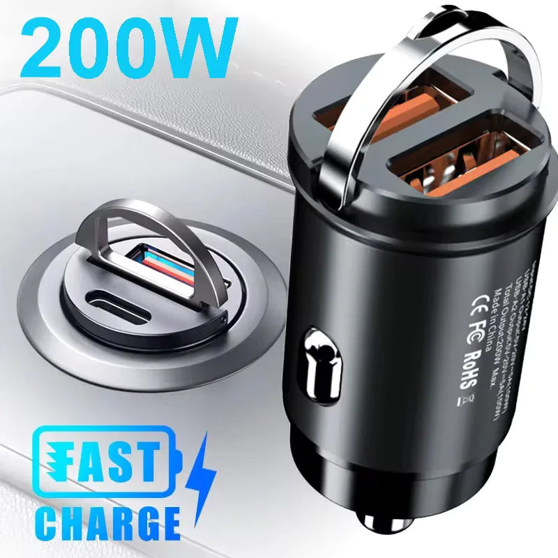 100W/200W QC3.0 PD Mini Car Charger 12-24V Lighter Fast Charging Car USB Type C Charger for Xiaomi Samsung iPhone Power