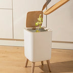 1 Piece High Clamshell Garbage Can, Suitable For Bedroom, Living Room, Bathroom, Press Trash Can, Imitation Wood Grain, White