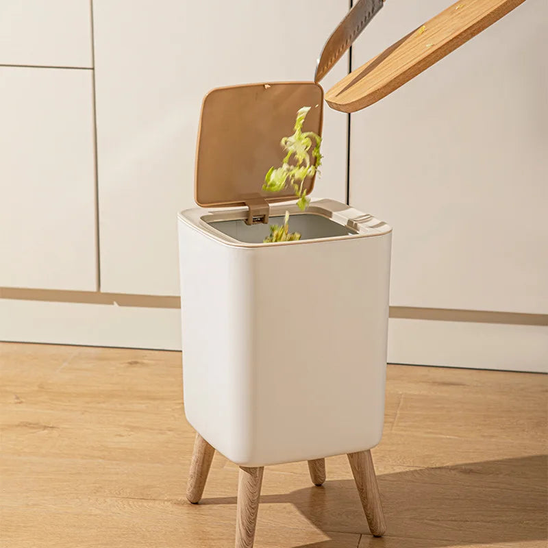 1 Piece High Clamshell Garbage Can, Suitable For Bedroom, Living Room, Bathroom, Press Trash Can, Imitation Wood Grain, White