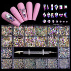 red champagne Glass Crystal Diamond Flat Rhinestone Nail Art Decoration 21 Grid Box Nails Accessories Set With 1 Pick Up Pen