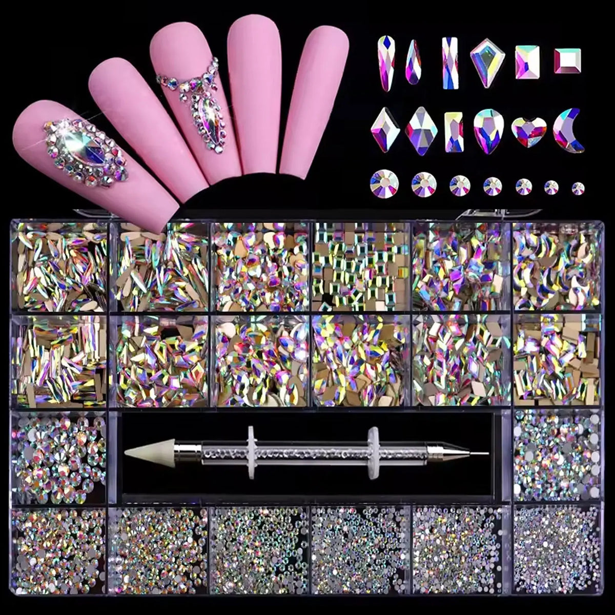 red champagne Glass Crystal Diamond Flat Rhinestone Nail Art Decoration 21 Grid Box Nails Accessories Set With 1 Pick Up Pen