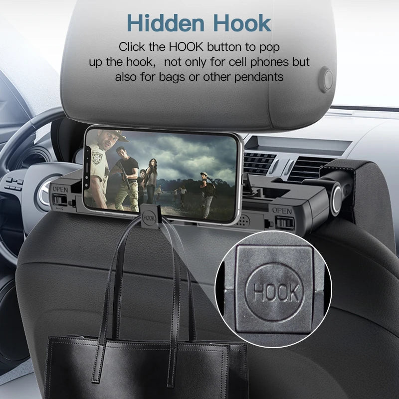 Car Headrest Neck Support Pillow with Hidden Hanger, 180° Rotating, Black Cloth/Leather