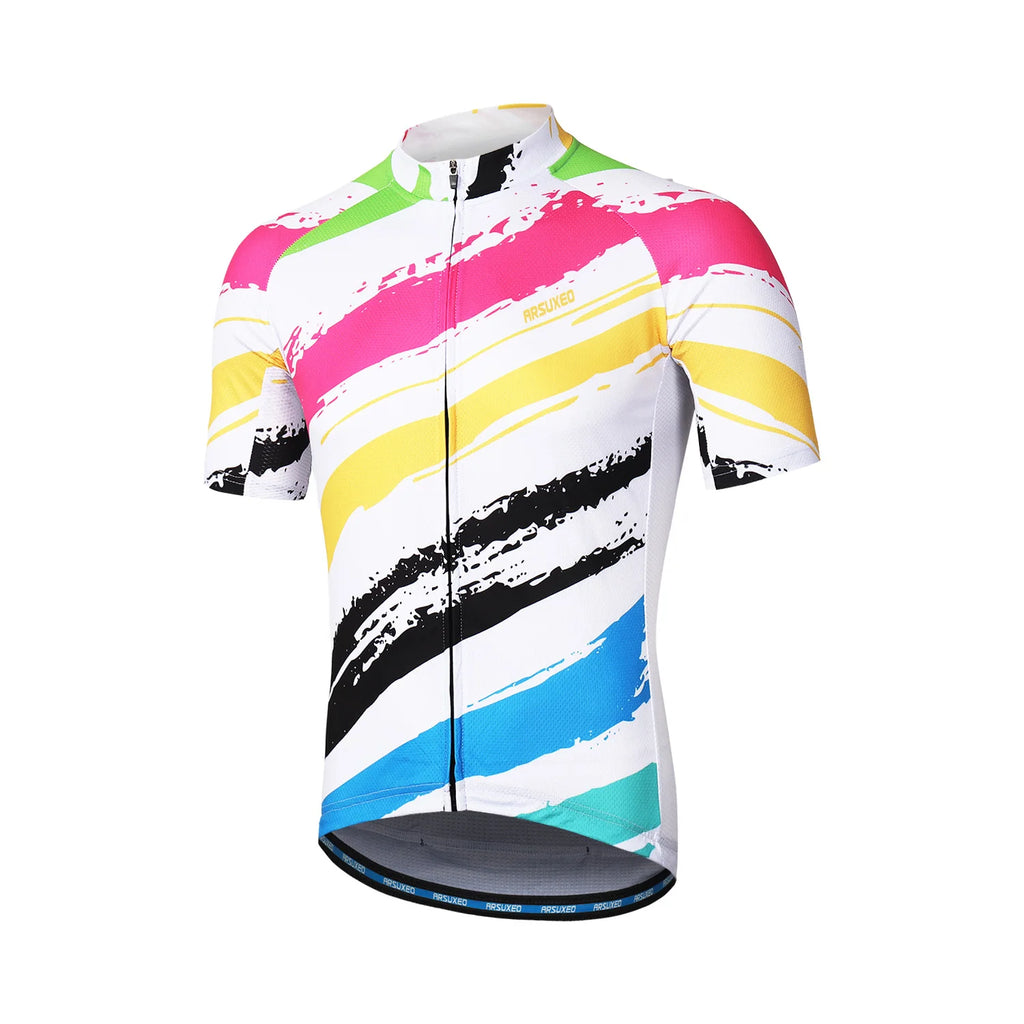 ARSUXEO Men's Cycling Jersey Bicycle Summer Short Sleeves Mountain Bike T-Shirt With Zipper Pockets Reflective Riding Clothing