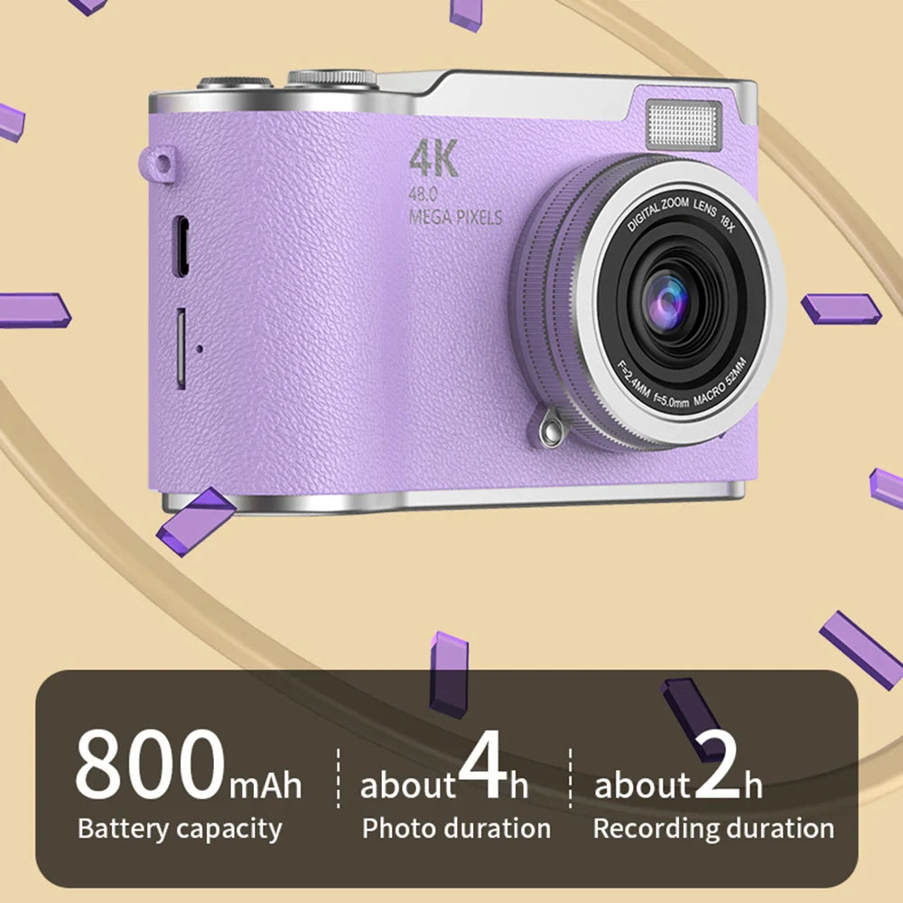 4K Digital Camera Beauty Filters 48MP HD Student CCD Camera CMOS Anti Shake 180° Flip Screen Selfie Camera for Kids Adults Gift