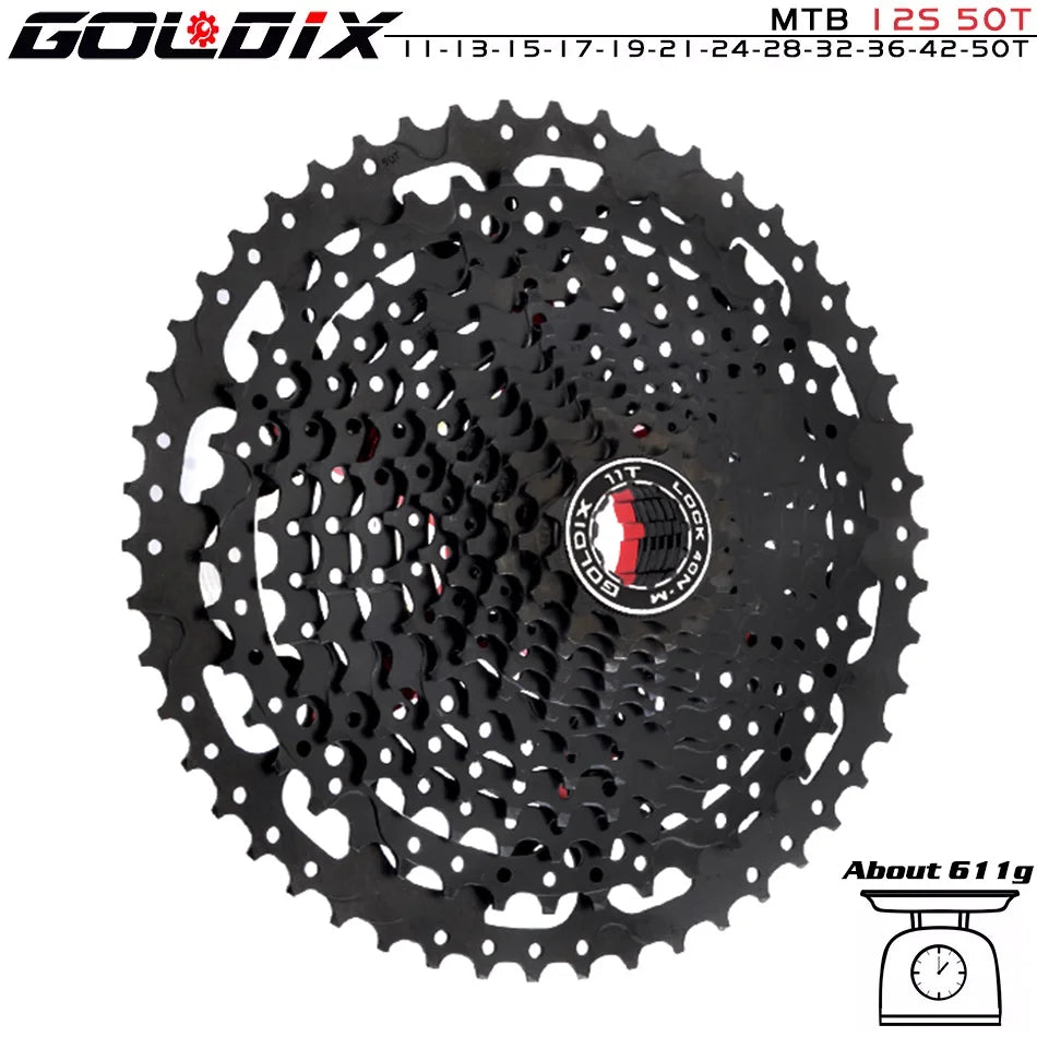 GOLDIX Black MTB Cassete 8/9/10/11/12 Speed 40/42/46/50/50T K7 8/9/10/11/12v Bicycle Freewheel Bicycle Sprocket for Shimano/SRAM