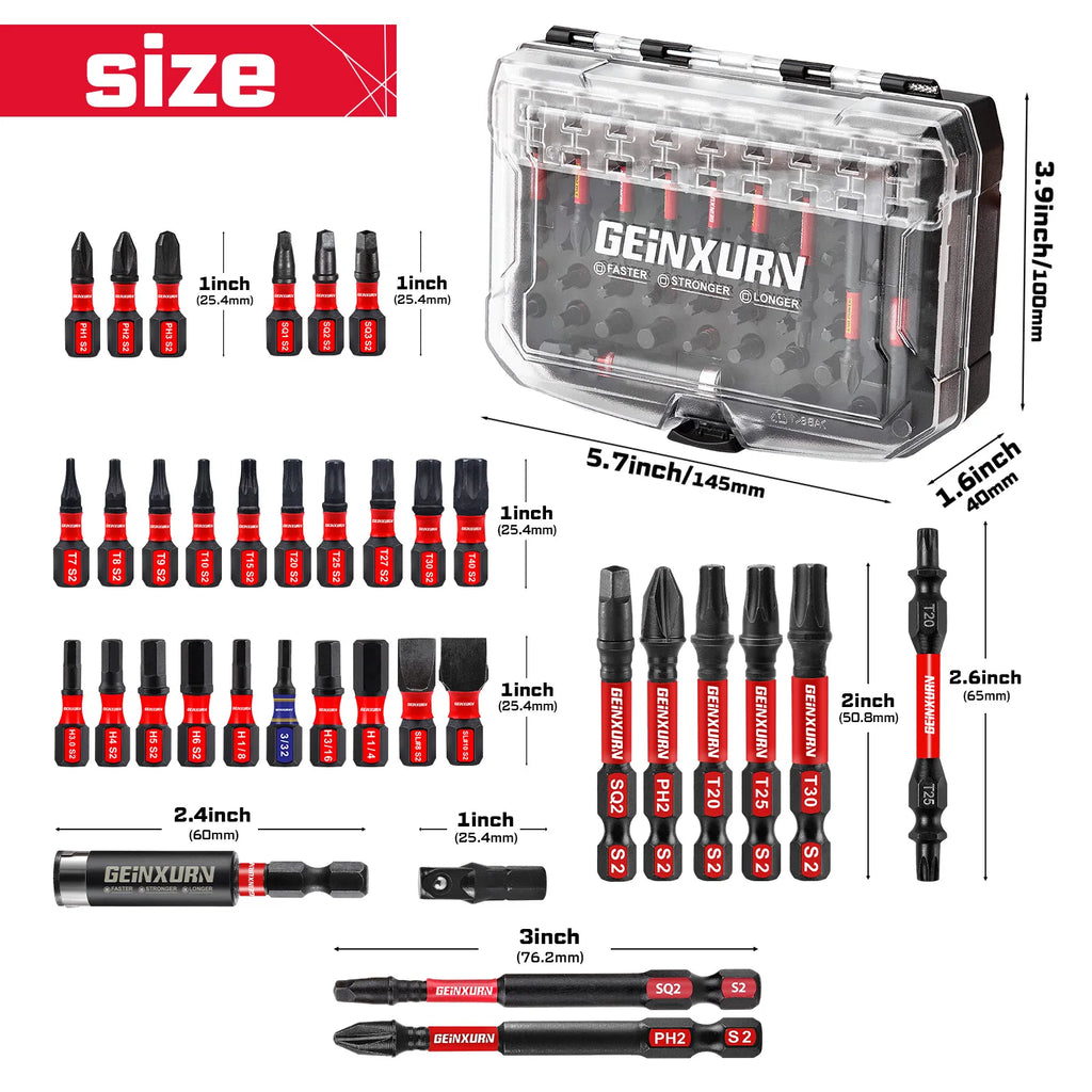 Geinxurn 83PCS Impact Magnetic Driver Bit Set, S2 Steel Bits (PH/Slotted/Torx/Hex/SQ), Socket Adapter & Black Storage Case