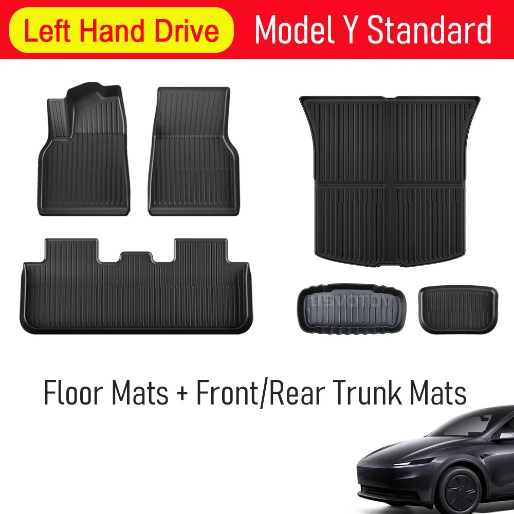 Tesla Model Y Standard 2025-2026 TPE trunk mat set, rear cargo + frunk options