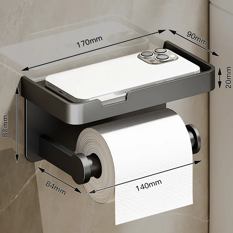 Aluminum Alloy Wall-Mounted Toilet Paper Holder with Shelf Phone Stand, Black/White/Grey, 2pcs