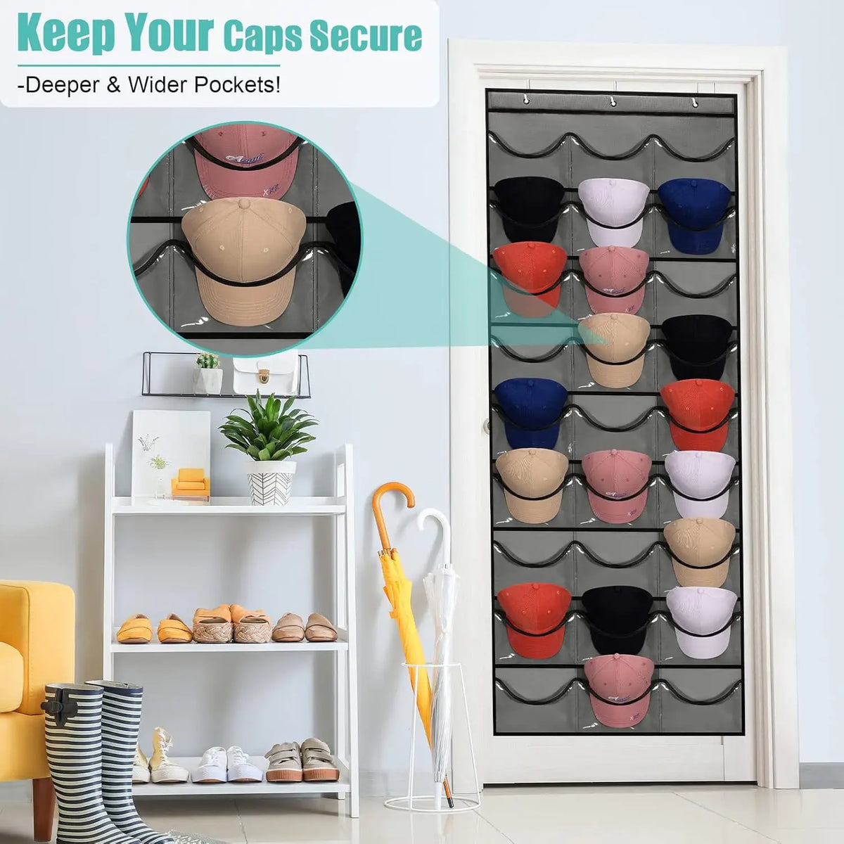 Hat Storage Holder Organizer 27 Clear Pockets Protect Hat Rack Door Hanging Holder Hanger Storage Rack for Baseball Caps Bedroom