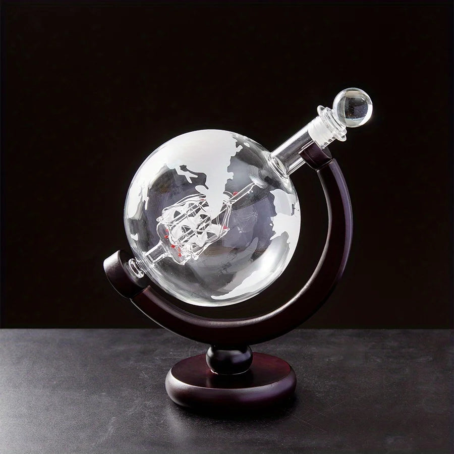 900ML Creative Globe Decanter Set with Lead-free Carafe Exquisite Wood-stand and 2 Glasses Whiskey Decanter Globe Grade Gift