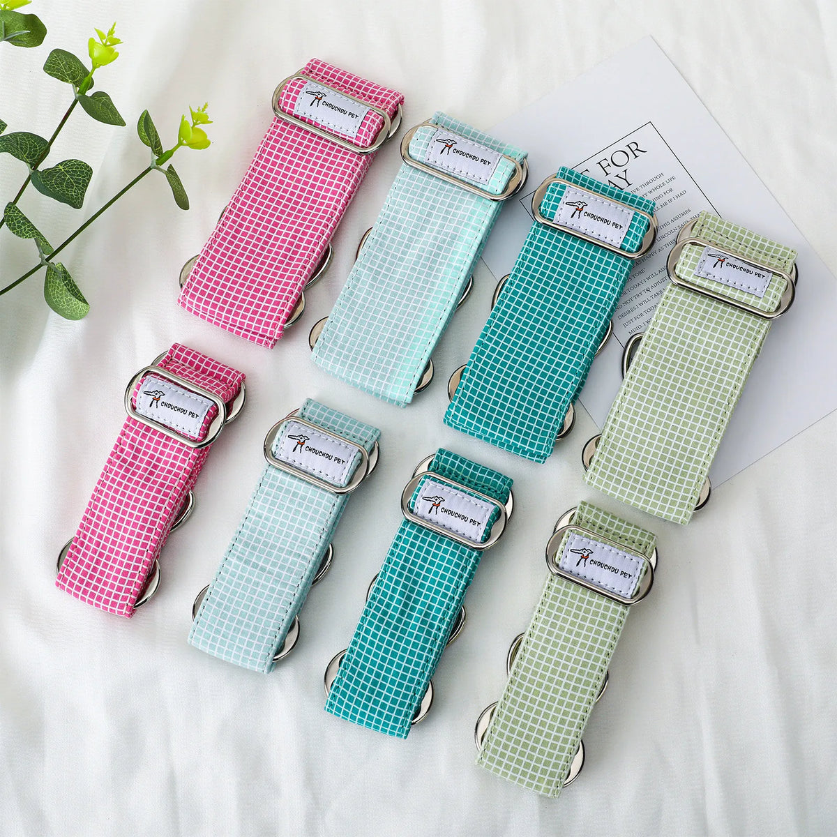 Adjustable Soft Cotton Dog Collar, Blue/Pink Plaid Styles, XS-L Neck 23-62cm